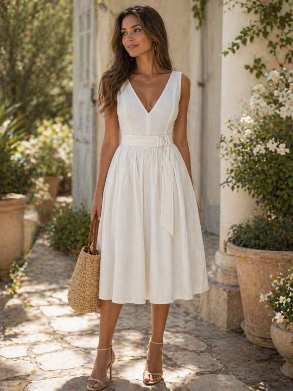 Theory White V-Neck Sleeveless Midi Dress with Belt